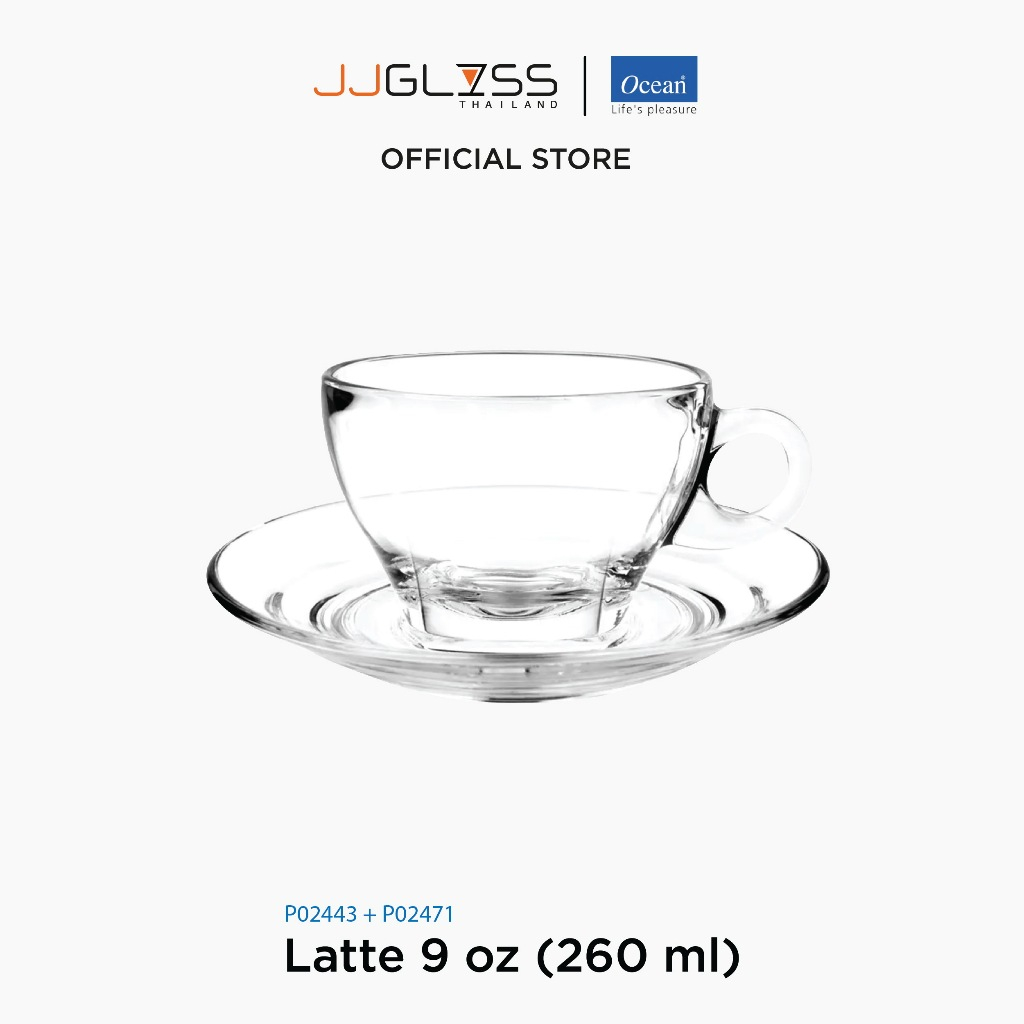 JJGLASS - (Ocean) P02443 Latte (260 ml) + P02471 - เซตคู่แก้วพร้อมจานรอง แก้วกาแฟลาเต้ ขนาด 9 ออนซ์ + จานรอง 5 3/4 นิ้ว