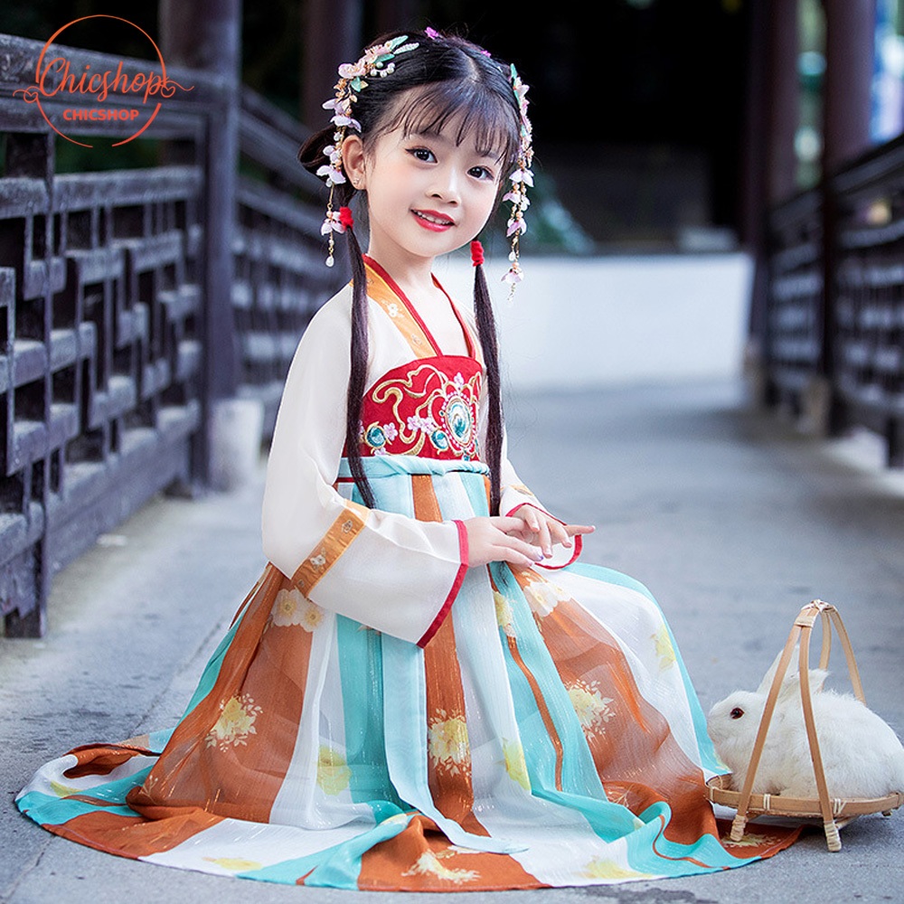 ชุดฮั่นฝู จีนโบราณ แขน 3ส่วน มีให้เลือกหลายขนาด เหมาะสำหรับเด็กผู้หญิง