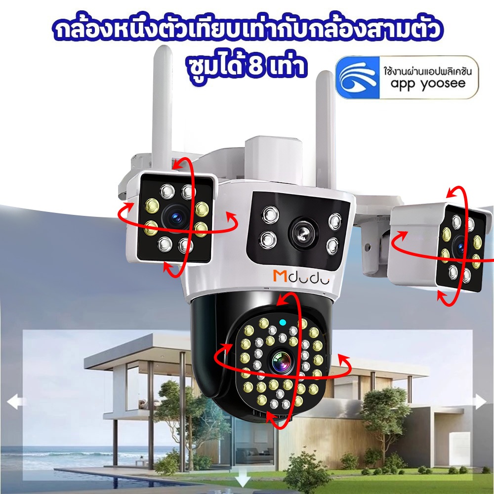 Mdudu กล้องวงจรปิด แสดงภาพพร้อมกัน3หน้าจอ Full HD 18MP กันน้ำ IP67 ระบบการแจ้งเตือน กลางคืนภาพสี ติดตั้งง่าย