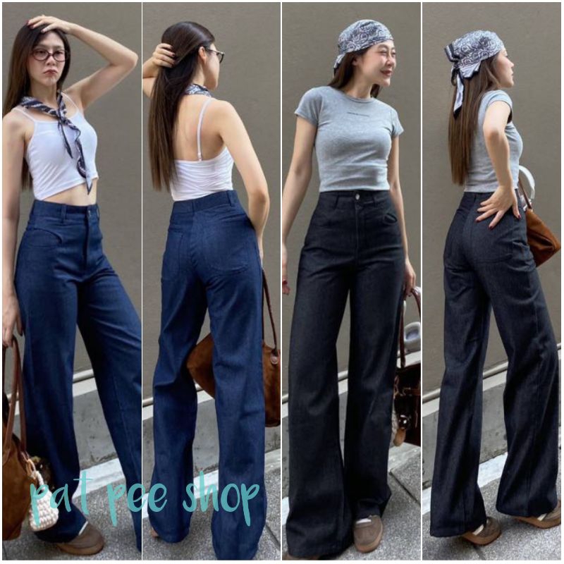 curve☄️กางเกงยีนส์เอวสูง ผ้ายีนส์บาง แต่งกระดุมโลหะ กระเป๋าหน้าแบบโค้ง โดดเด่น มีสไตล์ มี2สี/4ไซส์
