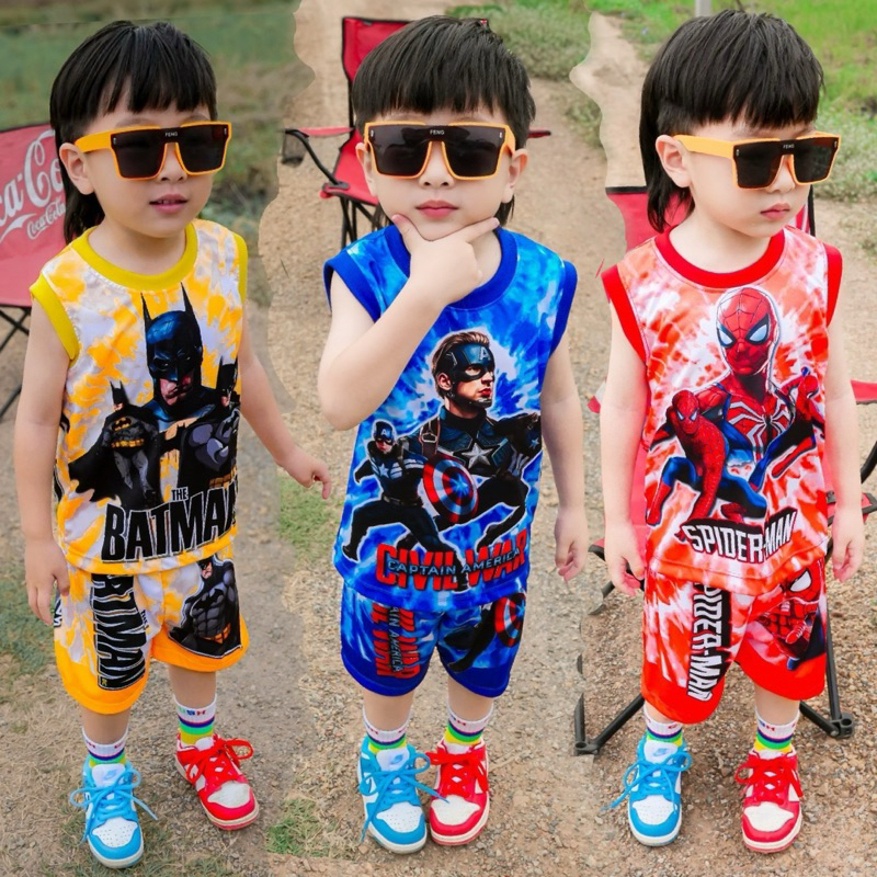 ชุดเซ็ทรุ่นมัดย้อม เสื้อกล้าม+กางเกงขาสั้น ชุดเด็ก ลายซุปเปอร์ฮีโร่ ผ้าไมโครไฟเบอร์
