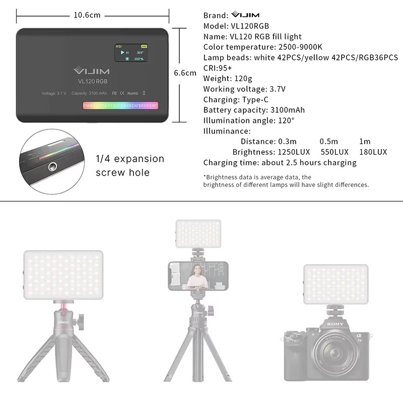 VL120 RGB LED กล้องวิดีโอแสงสีแบบชาร์จไฟได้ 3100 มิลลิแอมป์ชั่วโมงหรี่แสงได้ 2500-9000 พันแผงไฟสตูดิโอถ่ายภาพโคมไฟ