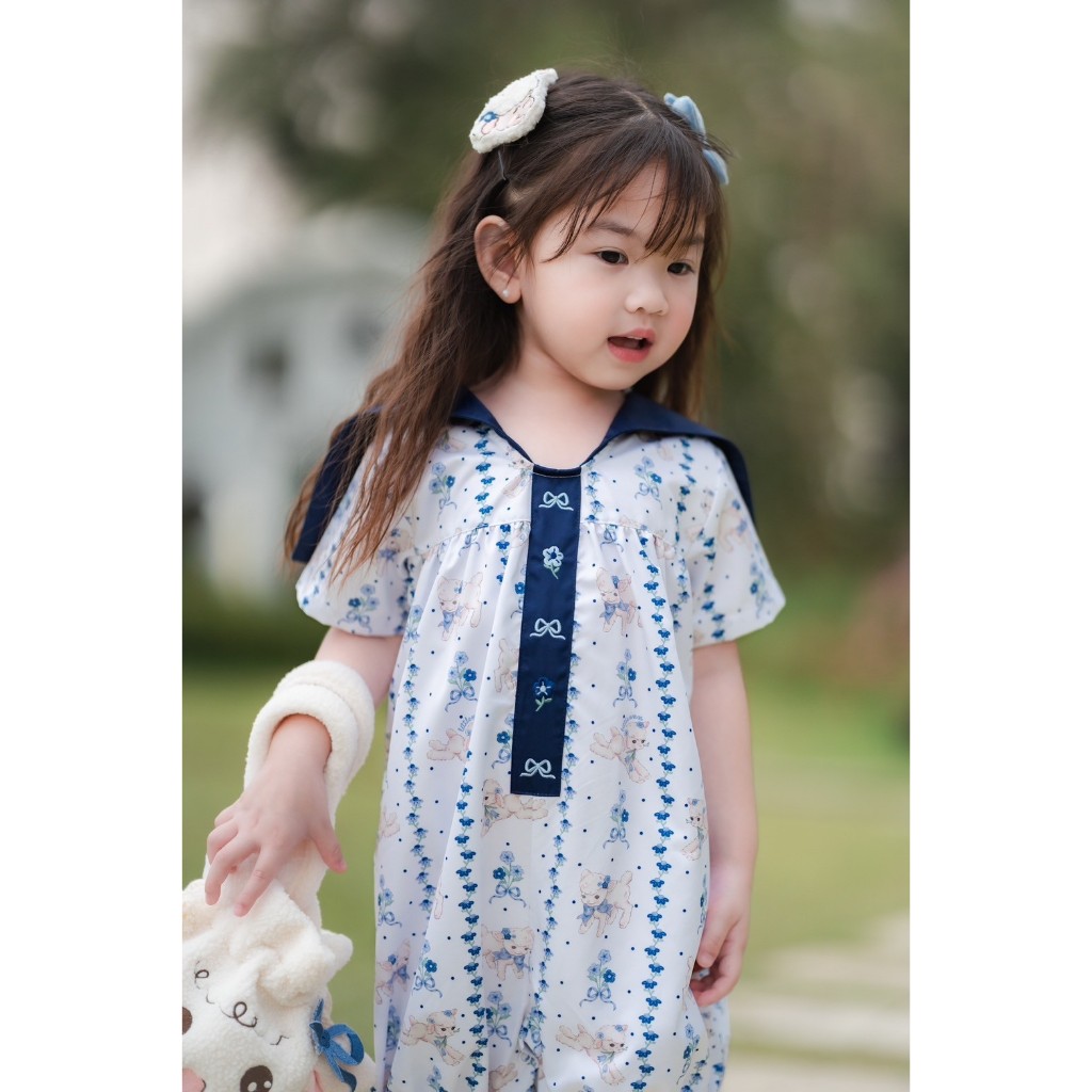 LittleNNN ชุดจั๊มสูทเด็กผู้หญิง ลายแกะปัก ปกกะลาสี ผ้าไหมใส่สบาย ไม่ต้องรีด