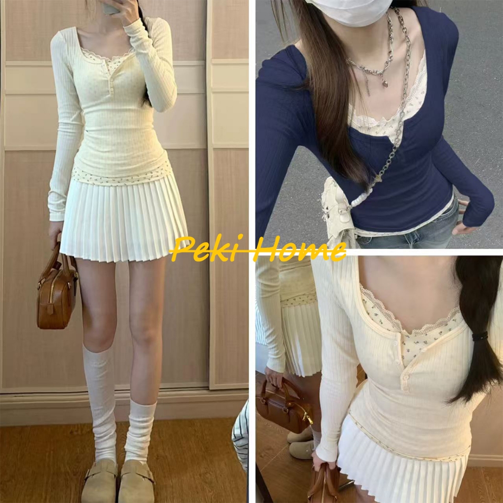 เสื้อแขนยาวสไตล์ฝรั่งเศสแขนยาวผ้าลูกไม้ลายดอกไม้