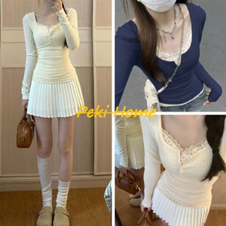 เสื้อแขนยาวสไตล์ฝรั่งเศสแขนยาวผ้าลูกไม้ลายดอกไม้