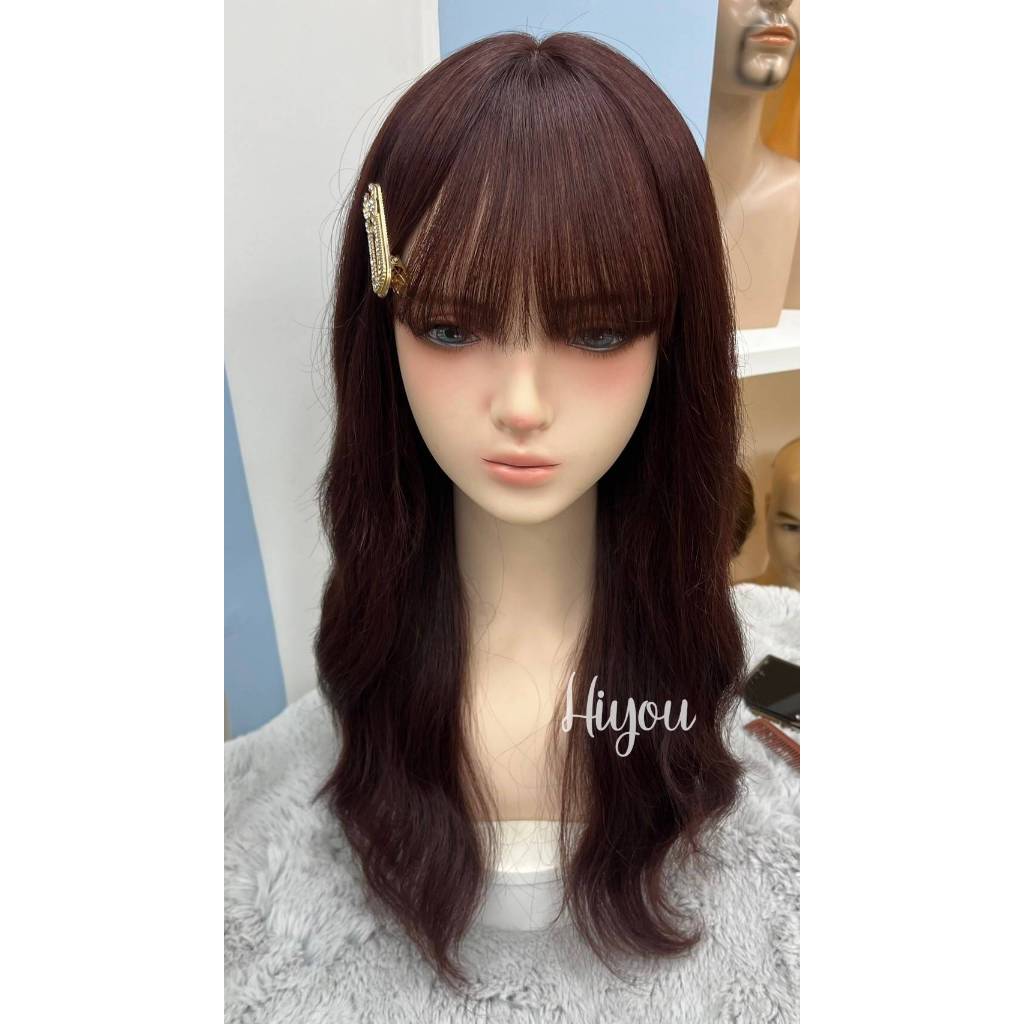 วิกผมแท้ ลอนคลาย หน้าม้าบาง สีน้ำตาลโค๊ก ยาว 18-20 นิ้ว