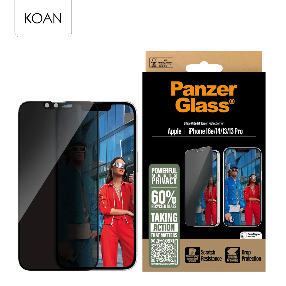 PANZERGLASS Ultra Wide Fit Privacy for iP 16e / 17e / 14 / 13 / 13 Pro (With Applicator) ฟิล์มกระจกเต็มจอ