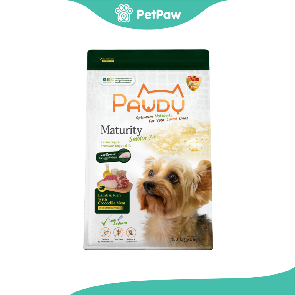 Pawdy อาหารสุนัขเกรดพรีเมียม สูตรสำหรับสุนัขสูงวัย รสแกะและปลาผสมเนื้อจระเข้  1.2 kg.
