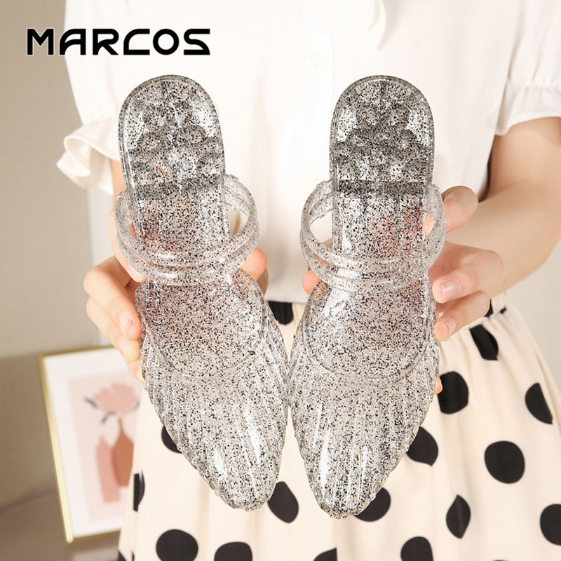 MARCOS ส่งเร็ว รองเท้าแตะผู้หญิงส้นเตี้ย คริสตัลใส ส้นสูงแฟชั่น กันลื่น ใส่สบาย น้ำหนักเบา#3.15