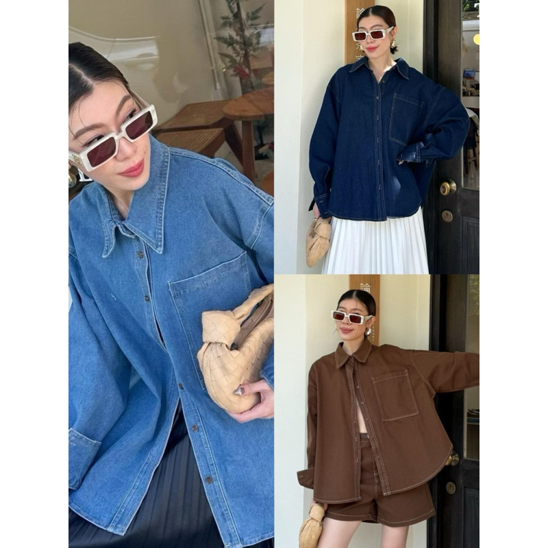 พร้อมส่ง🇰🇷🛒New 🛒🇰🇷02 Oversize Denim Shirt (590฿)เสื้อเซิ้ตยีนส์ฟอก ทรงโอเวอร์ไซส์ ดีเทลกระเป๋าใหญ่ที่อก ชายโค้ง studiox2