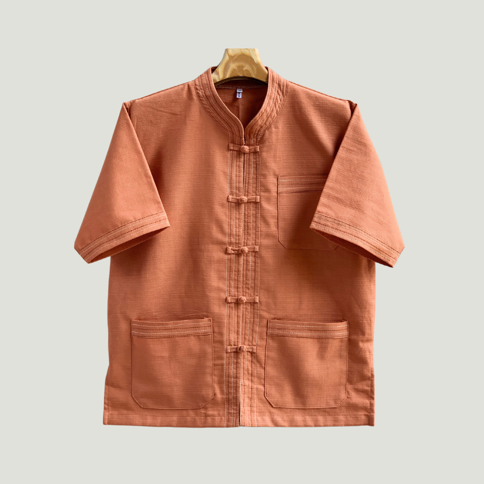 เสื้อคอจีนผ้าฝ้ายชินมัย ไทยองแขนสั้น เดินเส้นแนวล้านนา โบราณ งานประยุกต์สมัยใหม่ โดดเด่นมีเอกลักษณ์ สวมใส่สบาย