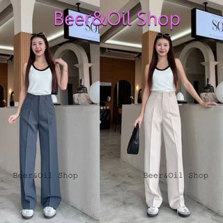 B0014 Beer&Oil กางเกงขายาวเอวสูง ผ้าไมโคร งานตะขอหน้าขาตรง ซิปหน้า แต่งดีไซน์หูเข็มขัด