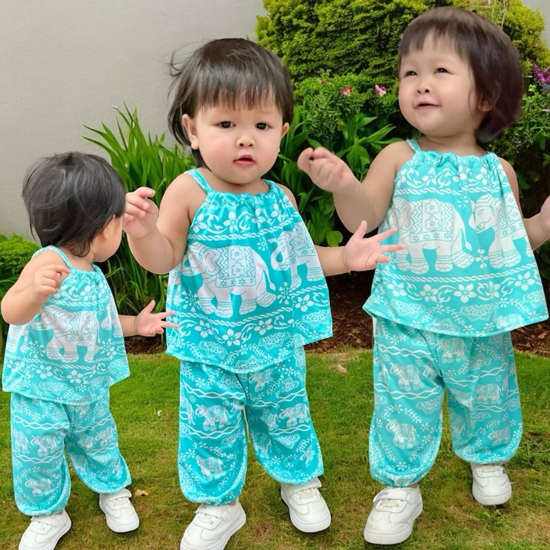 SK shop 🔺ชุดสายเดี่ยวลายช้างสีเขียวมิ้นท์ น่ารักสดใส