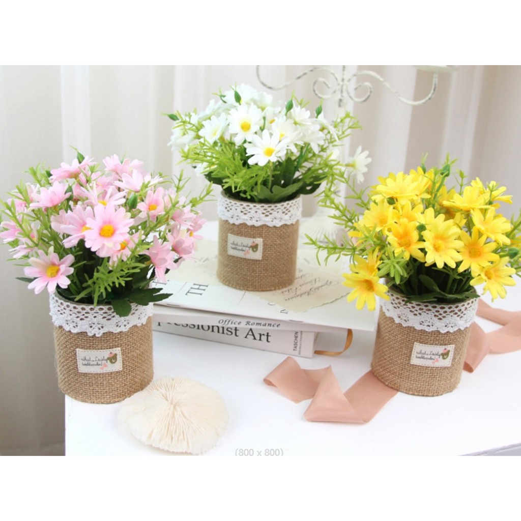 (18cm)ดอกเดซี่พร้อมกระถางผ้า สไตล์มินิมอล