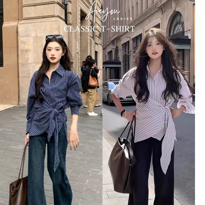 NO.528 Classic T-Shirt เสื้อเชิ้ตสไตล์เกาหลีดีเทลผูกเอว