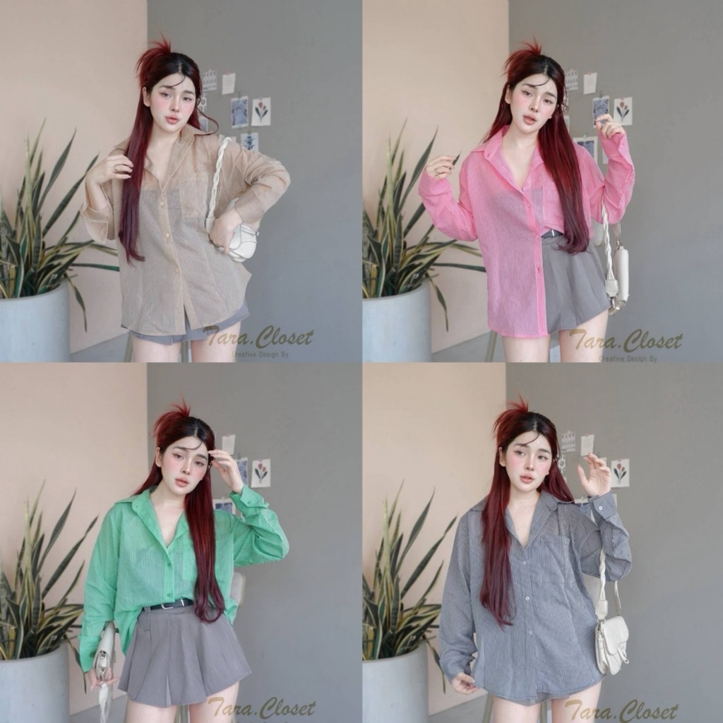 TUM105 TARA Shirt เสื้อเชิ้ตคอปก กระดุมหน้า+กระเป๋าข้าง แขนยาว เนื้อผ้าฝ้าย ลายริ้ว ผ้าดี ใส่สบาย