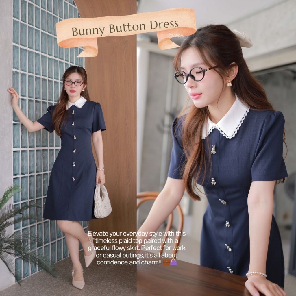 Romi"Oil" Bunny Button Dress (Navy)  J199 ชุดเดรสสีกรม (คอปกขาวแต่งกระดุมกระต่าย)(ไม่แนะนำให้แช่ผ้านะคะ)