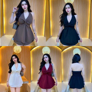 ชุดเซ็ต(ไขว้หน้า)คล้องคอ กระโปรงกางเกงสั้น ผ้าวูลเวฟ สาวอวบใ…