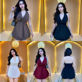 ชุดเซ็ต(ไขว้หน้า)คล้องคอ กระโปรงกางเกงสั้น ผ้าวูลเวฟ สาวอวบใส่ได้(R13)
