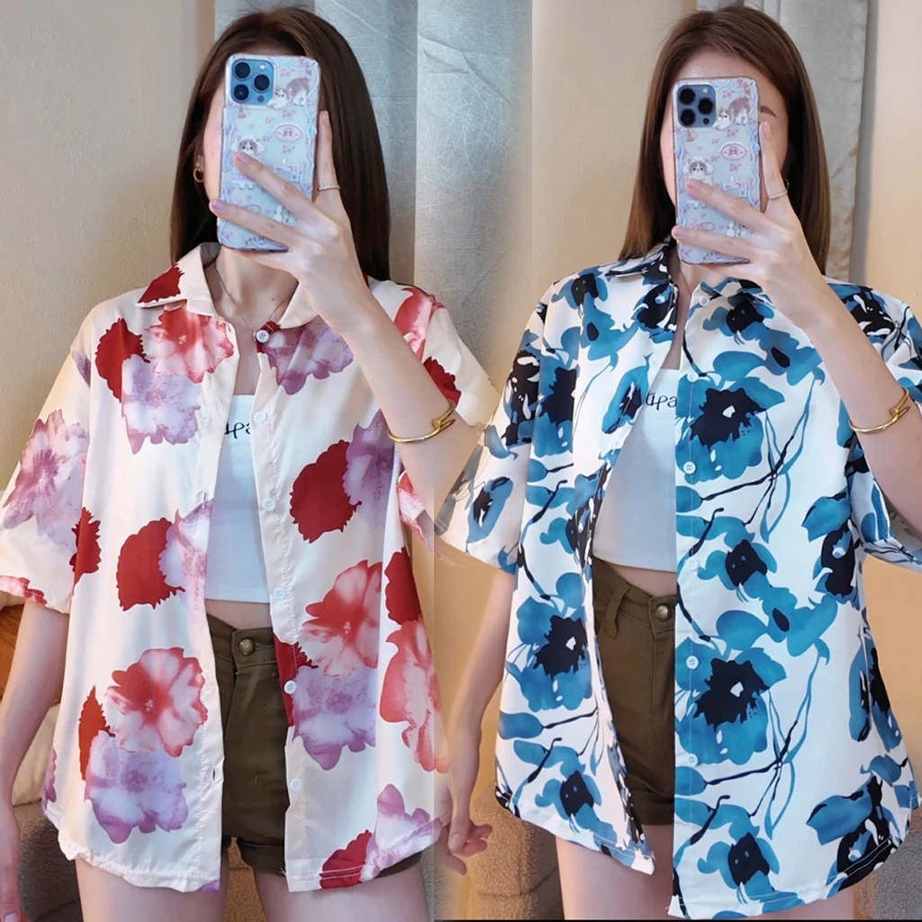 เสื้อเชิ้ตฮาวายผู้หญิง ลายดอกไม้ แขนสั้น