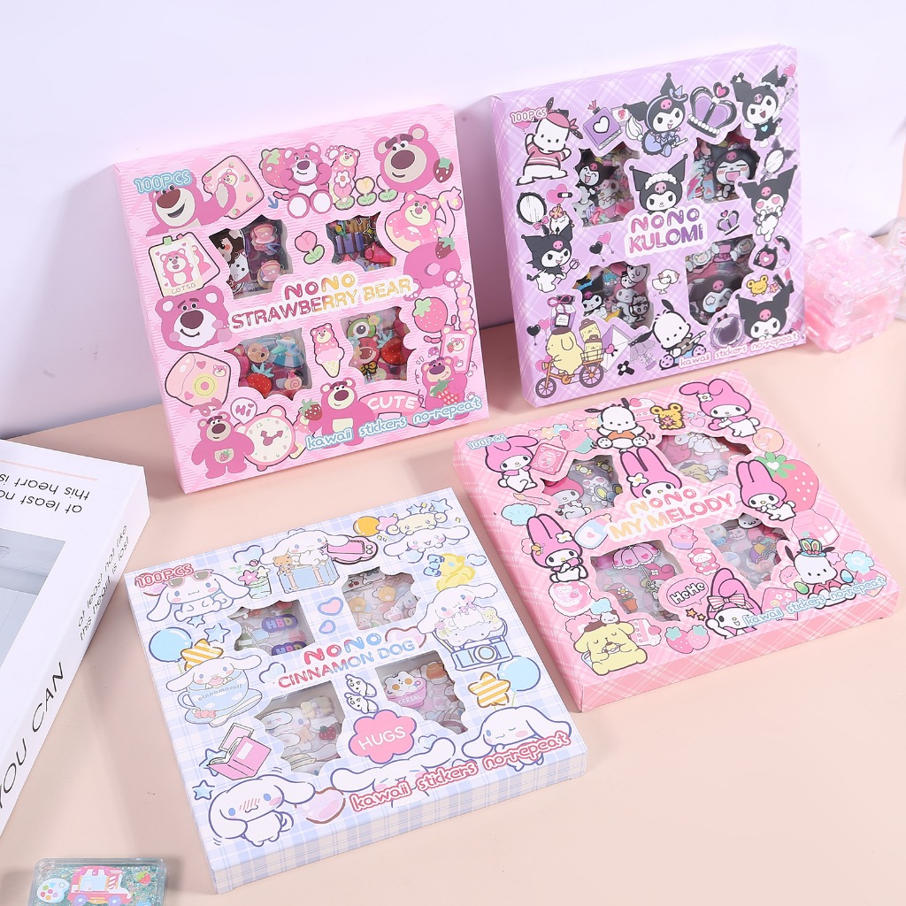 100 ชิ้น/กล่องสติกเกอร์ Sanrio Handbook สติกเกอร์ของขวัญกล่องกันน้ํา PET คู่มือของเล่น