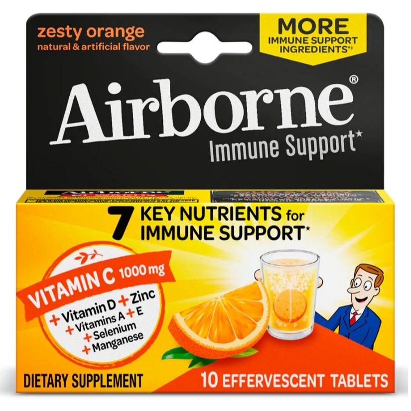 Airborne Immune Support 1000 mg Vitamin C and D with Zinc - Zesty Orange Flavor (10 / 20 / 30 Tablets)