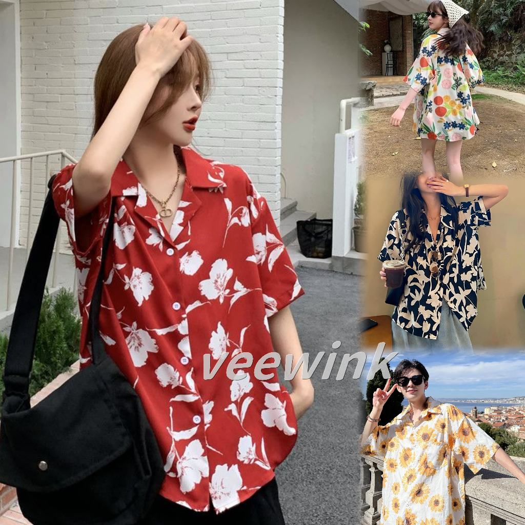 VEEWINK เสื้อเชิ้ต แขนเจ็ดส่วน สไตล์สบาย ๆ สไตล์ที่ลงตัวทุกโอกาส หลวม ๆ พิมพ์น่ารัก แฟชั่นเวอร์ชั่นเกาหลี