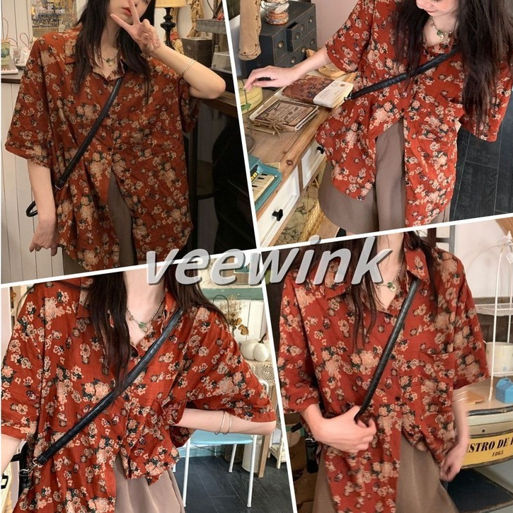 Veewink พร้อมส่งจากกทม Songkran เสื้อเชิ้ตแขนสั้น ผ้าชีฟอง พิมพ์ลายดอกไม้ สไตล์ฝรั่งเศส แฟชั่นฤดูร้อน สําหรับผู้หญิง