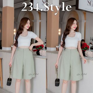 3Q02 กางเกงขาสั้น3ส่วนผู้หญิง เอวยืดตะขอหน้า ผ้าลินิน สีน่ารัก งานฟรีไซส์