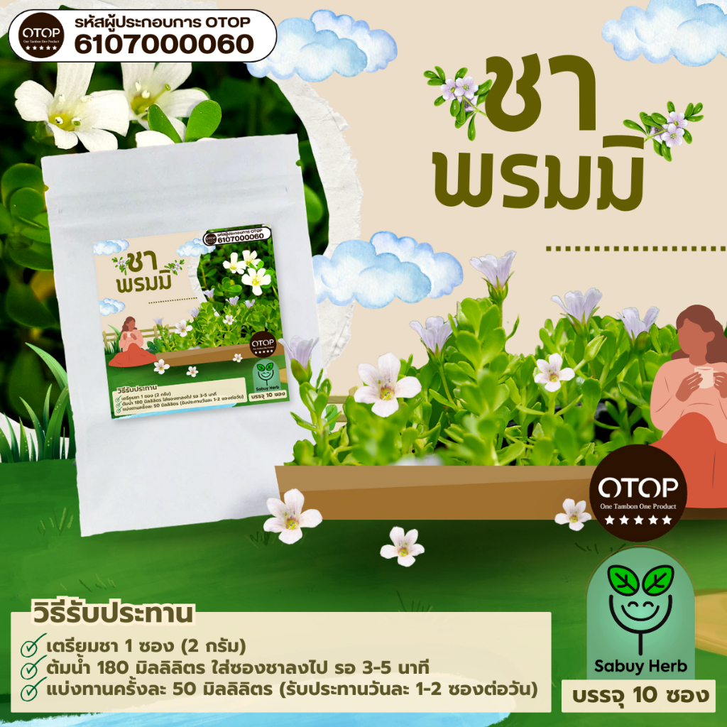 🔥ออกใบกำกับภาษีได้📌 ชาพรมมิ แบบซองแช่ ไม่มีน้ำตาล (สินค้าOTOP) (1 ห่อ 10 ซองชา)