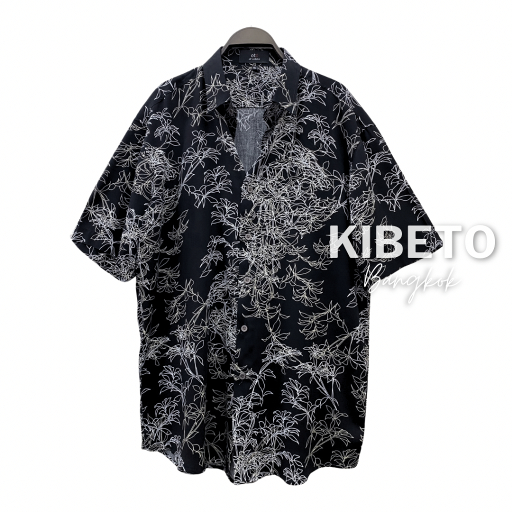 Kibeto เสื้อฮาวาย ลายดอกไม้ต้นไผ่ สีดำ ผ้าสปันเรยอน เนื้อนิ่ม ใส่สบาย M L XL 2XL 3XL