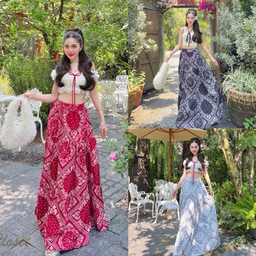 COM517 TARA SKIRT กระโปรง ลายผ้าเช็ดหน้า เอวสูง ทรงบอลลูน  สม็อครอบเอว ผ้าไหมอิตาลี ผ้าดี ใส่สบาย ไม่ขาดง่าย