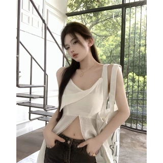 เสื้อเบลาส์สีขาว/สีดำ สายเดี่ยว มีซิปข้างลำตัว ดีไซน์แหวกด้านหน้าปล่อยชายยาว ผ้าฝ้าย เสื้อครอป #2444