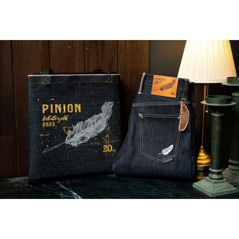 Pinion Denim  White Gold2023  20oz กระบอกเล็ก,ตรง Slubby กางเกง,พวงกุญแจหนัง,ถุงผ้ายีนส์ 2300