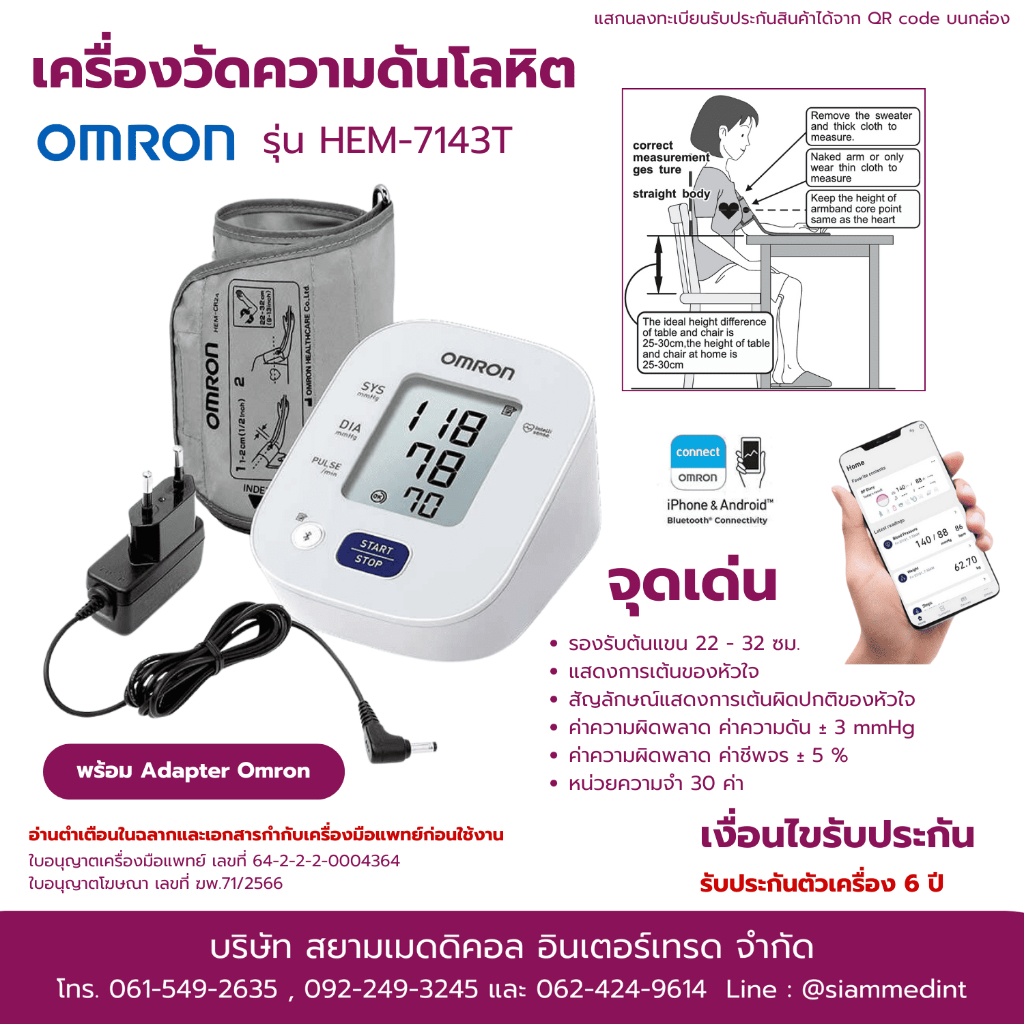 9.9 เครื่องวัดความดัน Omron HEM-7143T รับประกัน 6 ปี ( ผ้าพันแขน 22-32 ซม. )