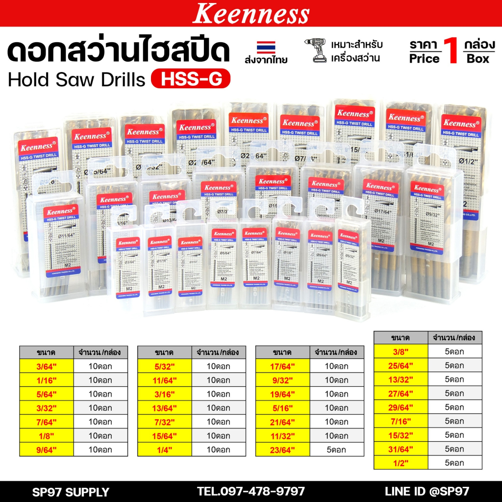 (ยกกล่อง) Keenness ดอกสว่านเจาะเหล็ก ดอกสว่านไฮสปีด ดอกสว่าน เจาะสแตนเลส ดอกสว่านเหล็กไฮสปีด มีขนาด 3/64-11/32