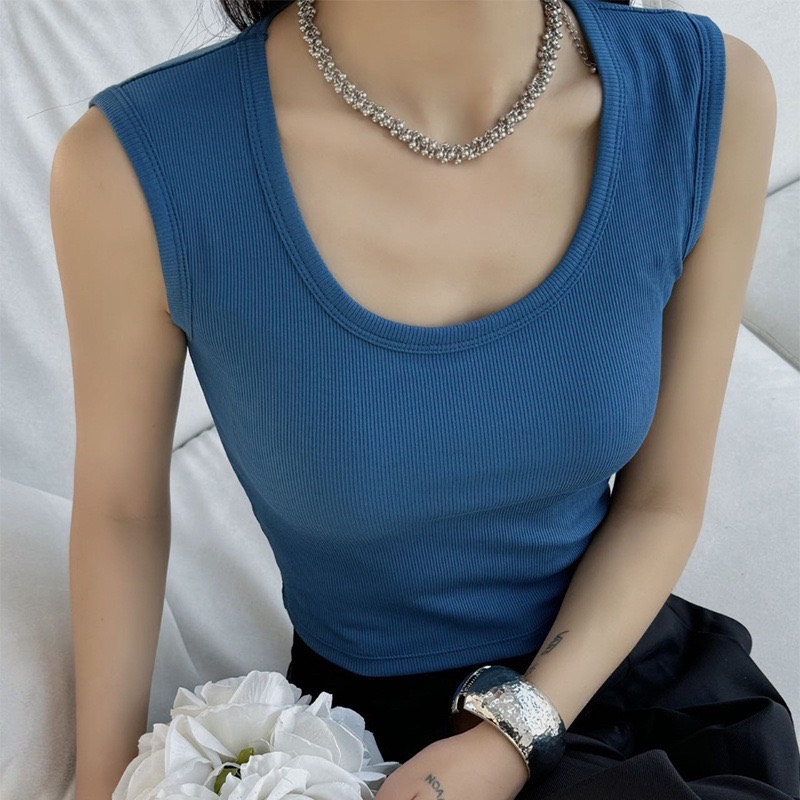 Basic เสื้อยืดสีพื้น เสื้อกล้ามเรียบๆ เสื้อใส่ทำงานมีบรา #6683