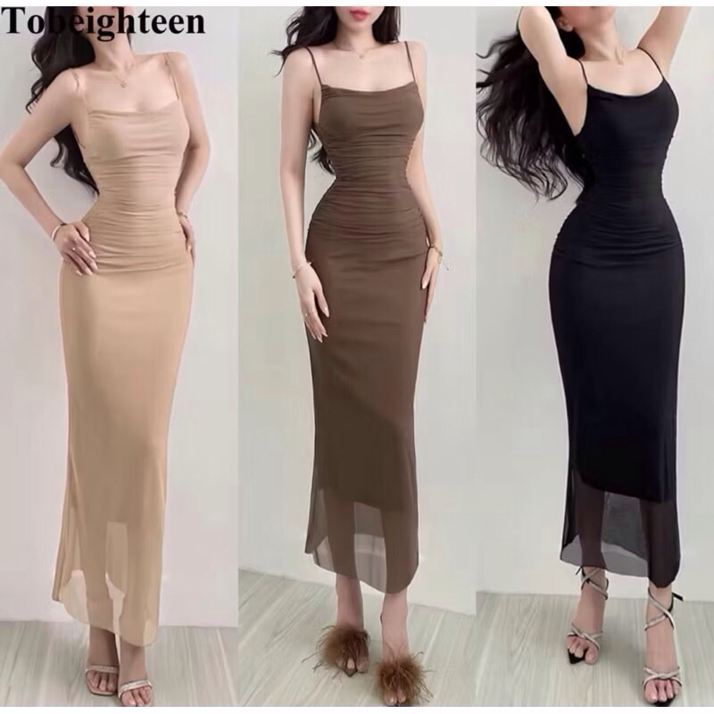 พร้อมส่งไทยแม็กกี้ซี่เดรส สีพื้น สายเดี่ยว ผ้าตาข่าย มีซับในเต็มตัว สม็อคข้างลำตัว ทรงเข้ารูปสีชุดเดรส ราคา ถูกที่สุด ดีลบีเคเค แกลเลอรีภาพที่ 2