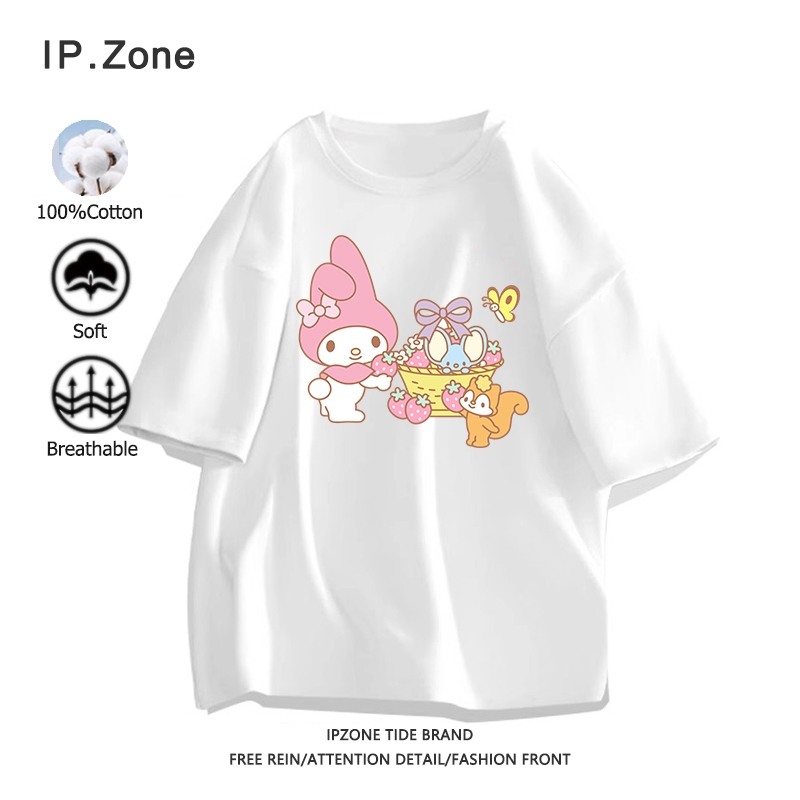 เสื้อยืด sanrio melody ผ้าฝ้ายแท้ เสื้อยืดผู้หญิงผู้ชาย หลวมและสะดวกสบาย พิมพ์สัตว์น่ารัก (ส่งเร็ว จัดส่งจากไทย)