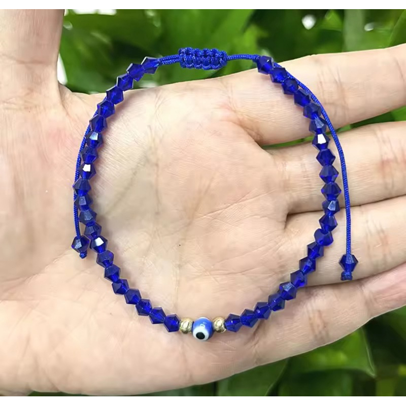 สร้อยข้อมือ Evil Eye ลูกปัดคริสตัลสีน้ำเงิน สายเชือกรูดปรับขนาดได้ ของแท้จากตุรกี