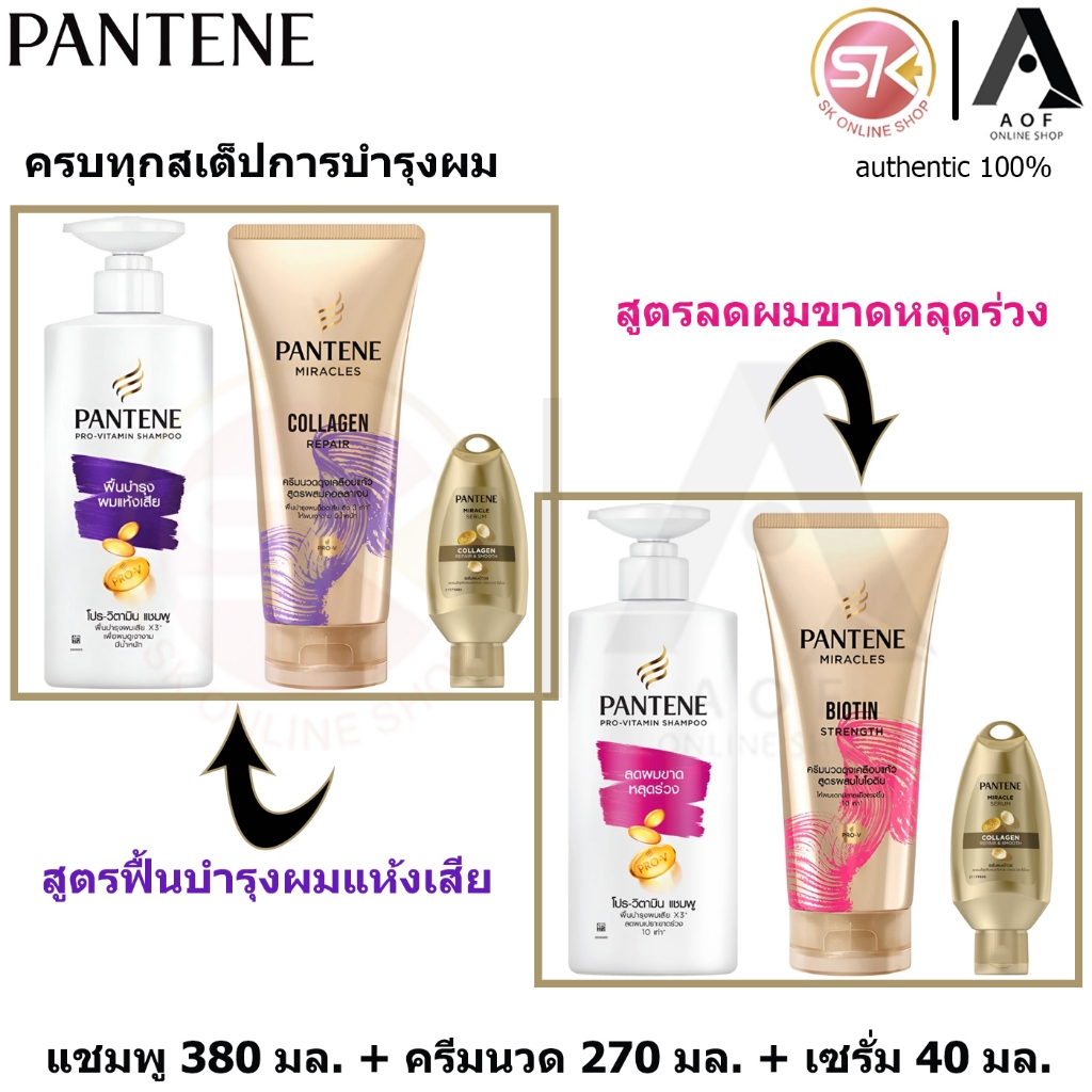 [ชุดบำรุงผม] Pantene แพนทีน แชมพู 380 มล. + เซรั่ม 40 มล. + ครีมนวด 270 มล.