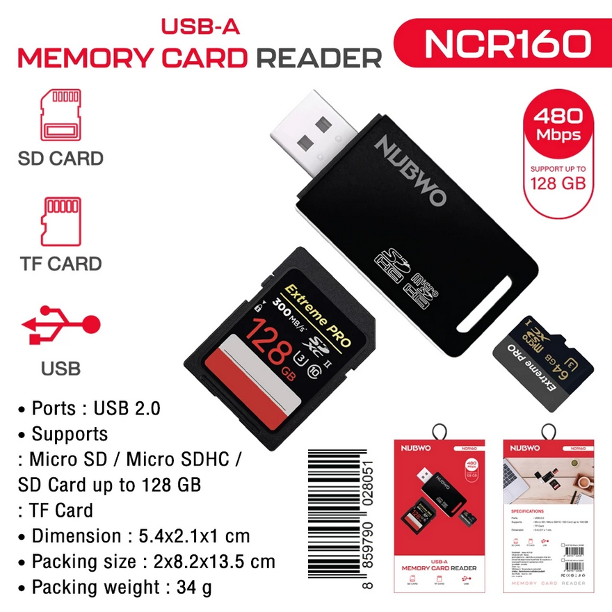 NUBWO NCR150 CARD READER USB 3.0 รองรับ Micro SD/Micro SDHC/SD Card/TF Card ความเร็ว 5Gbps