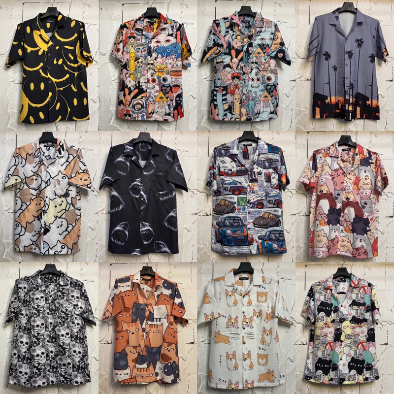 เสื้อเชิ้ตฮาวายลายการ์ตูน ลายอมยิ้ม ลายเสือ M-4XL ไหมอิตาลี ไม่ร้อน ไม่ยับ ไม่ต้องรีด เสื้อใส่สบายสุด