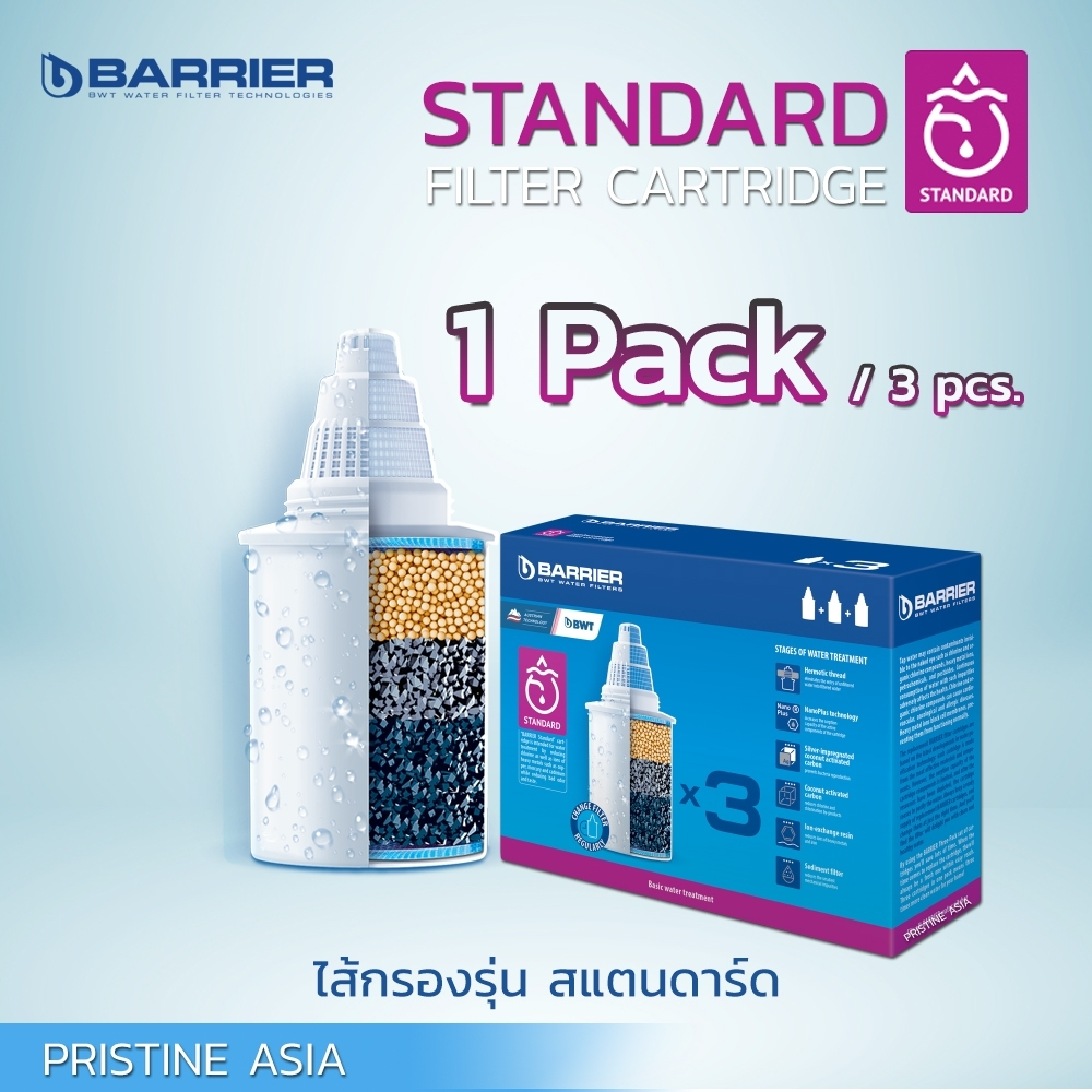 MFD: Mar 2023 BARRIER ไส้กรองน้ำรุ่น Standard กล่องบรรจุ 3 ชิ้น สำหรับเหยือกกรองน้ำ Barrier ทุกรุ่น