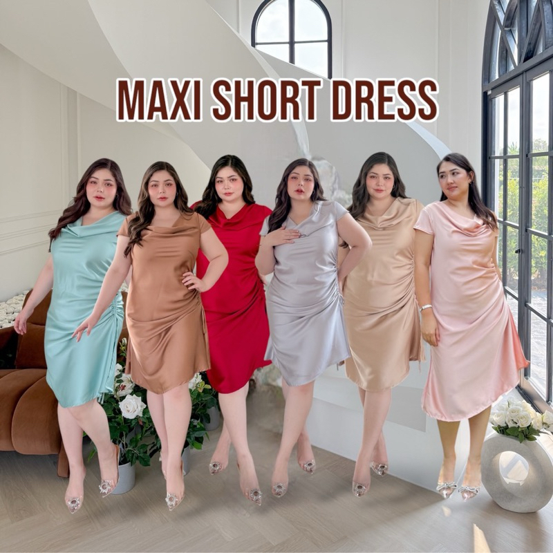 Lady M | Maxi short dress plussize เดรสสั้นสาวอวบ พลัสไซส์ ผ้าซาติน คอถ่วง ดีไซน์รูดข้างแบบแซ่บๆ ใส่ออกงาน ดินเนอร์