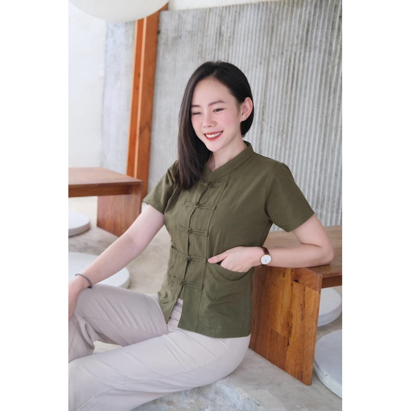 เสื้อคอจีนดระดุมสานขอดเสื้อผ้าฝ้ายฟอกนุ่มแต่งกระเป๋าหน้าซ้ รูปที่ 8