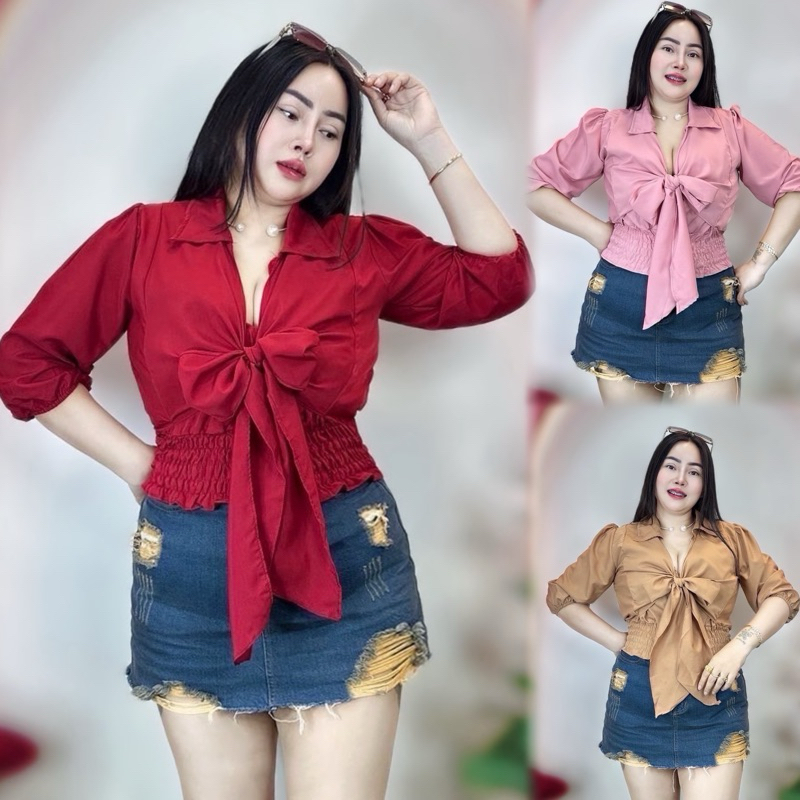 เสื้อสาวอวบร้านปอ อก34-42  ยาว20 ครอปน่ารัก สวยไม่มีตกเทรน  **รุ่น เชิ้ตมัดอกผูกโบว์**