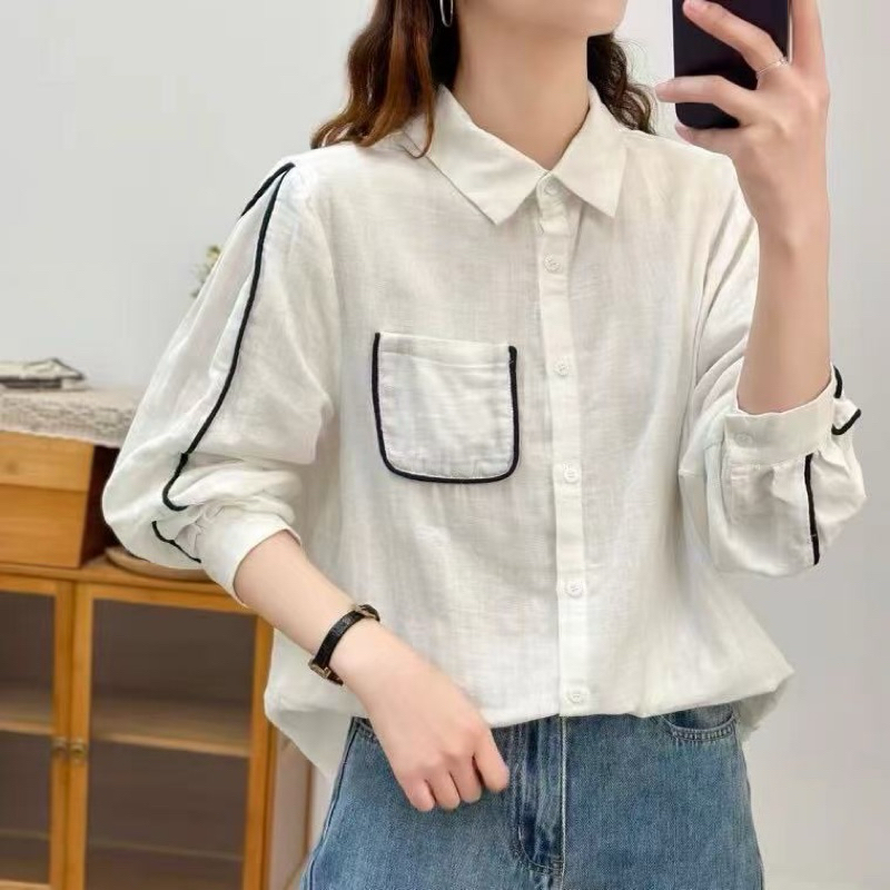 เสื้อเชิ้ตชิคชิค เชิ้ตขาว 43-44” แต่งขอบกระเป๋า แถบแขน ผ้าสาลู 2 ชั้น เสื้อแขนยาว สไตล์ญี่ปุ่น มินิมอล มูจิ HerbieStyle