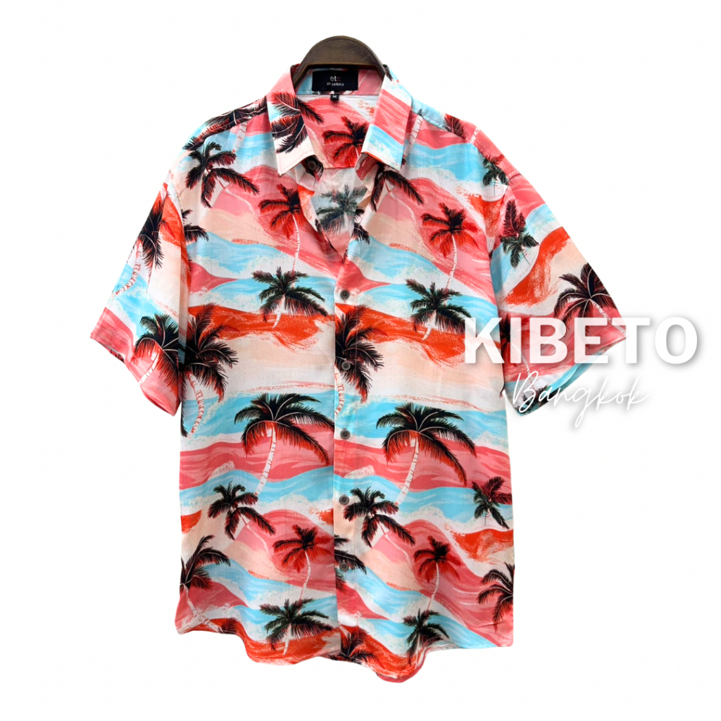 Kibeto เสื้อฮาวาย ลายมะพร้าวทะเล สีแดง ผ้าสปันเรยอน เนื้อนิ่ม ใส่สบาย M L XL 2XL 3XL