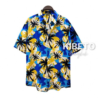 Kibeto เสื้อฮาวาย ลายฟูลมูน สีน้ำเงินเหลือง ผ้าสปันเรยอน เนื…